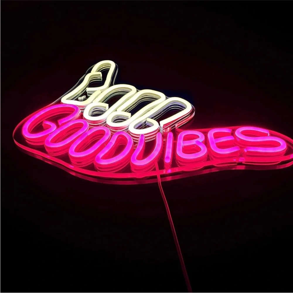 Neon Sign Good Vibes Pink White Hippie Retro 90s Party Birthday Room Light Decor